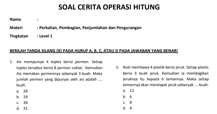 Soal Cerita Campuran Perkalian Pembagian Penjumlahan dan Pengurangan Level 1 Plus Kunci Jawaban Terbaru Tahun Ini