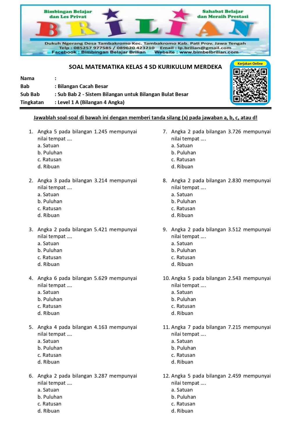 Kumpulan Soal Nilai Tempat Bilangan (Bilangan 4 angka sampai 12 angka) Terbaru Tahun Ini