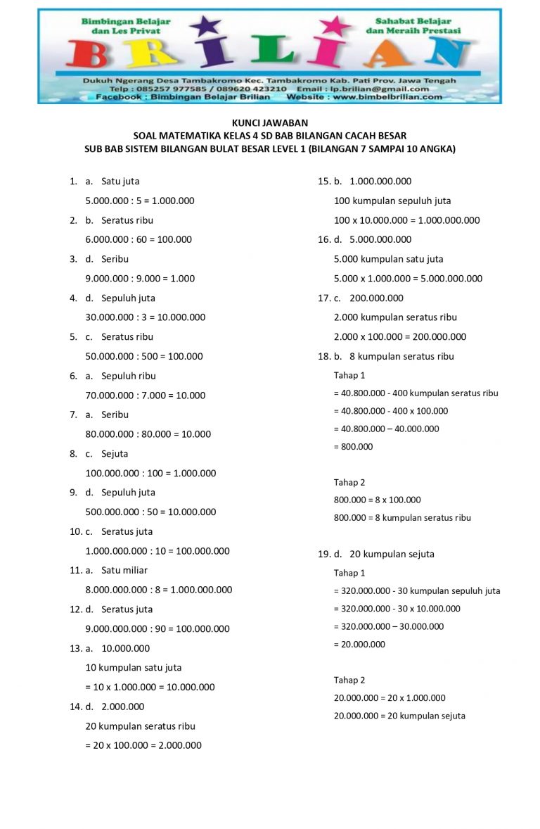 Soal Sistem Bilangan Bulat Besar Kelas 4 SD Level 1 Bilangan 7 sampai 10 Angka Terbaru Tahun Ini