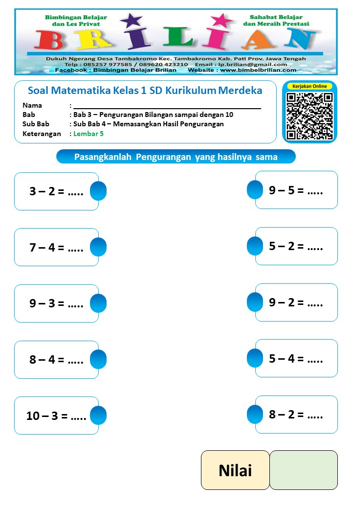 Soal Matematika Kelas 1 SD Bab Memasangkan Hasil Pengurangan Kurikulum Merdeka Terbaru Tahun Ini