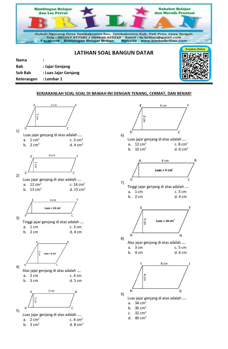 Soal Luas Jajar Genjang dan Kunci Jawaban Lembar 1 Terbaru Tahun Ini