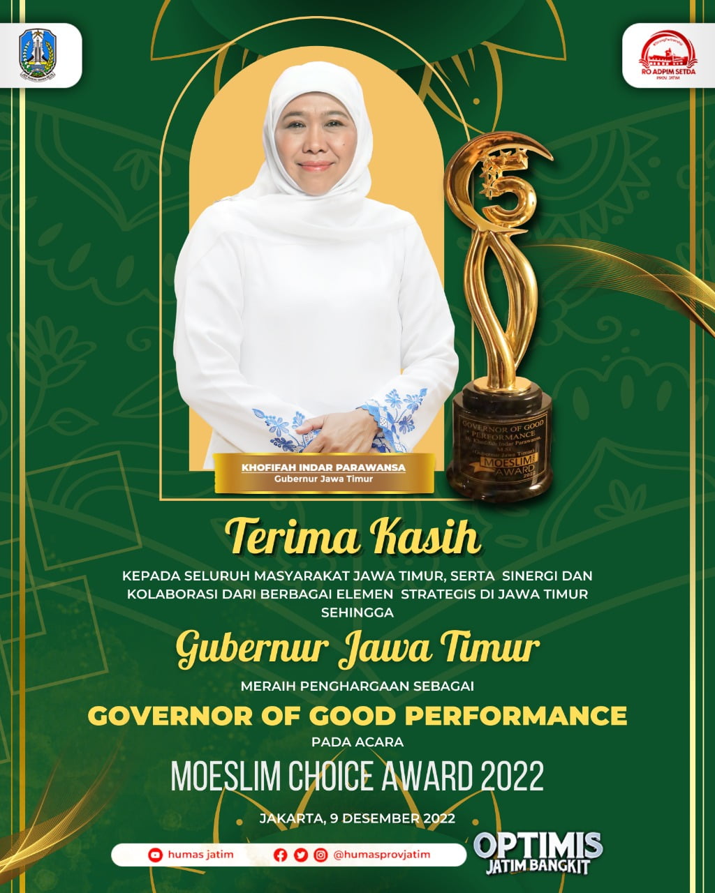 Gubernur Khofifah Terima Penghargaan Moeslim Choice Award 2022 Sebagai Gobernor Of Good Performance