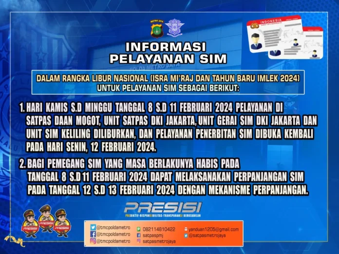Libur Isra Miraj 2026: Pelayanan SIM dan Samsat Polda Metro Jaya Tutup Sementara, Perpanjangan SIM Diperpanjang Otomatis hingga Hari Berikutnya